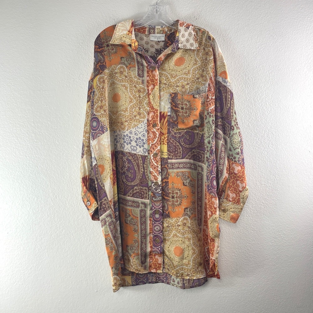 Dress Forum Paisley Patchwork Button Down Tunic Blouse M Satin Boho Retro Dress